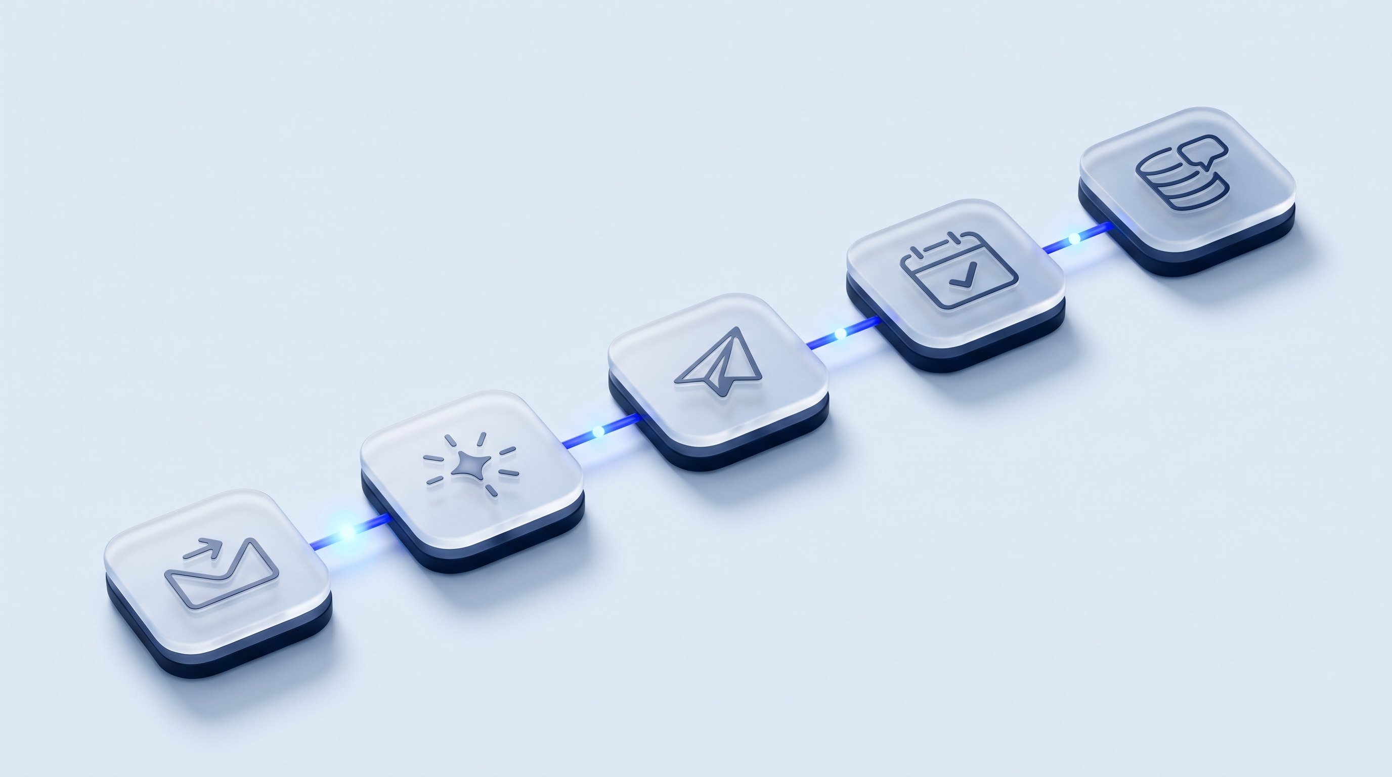 Five connected glass tiles showing an automation running from left to right: an email arrives, an AI model scores it, a reply is sent, a call is booked on the calendar, and the CRM is updated.